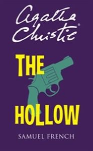 Book cover showing "The Hollow" in yellw block letters, above that is "Agatha Christie" in white letters, the background is purple with a greenish pistal.