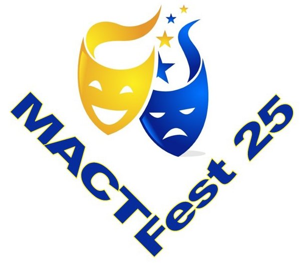 The MACT yellow comedy and blue drama masks, below that is "MACT" and "Fest 25" iv a "V" shape below.