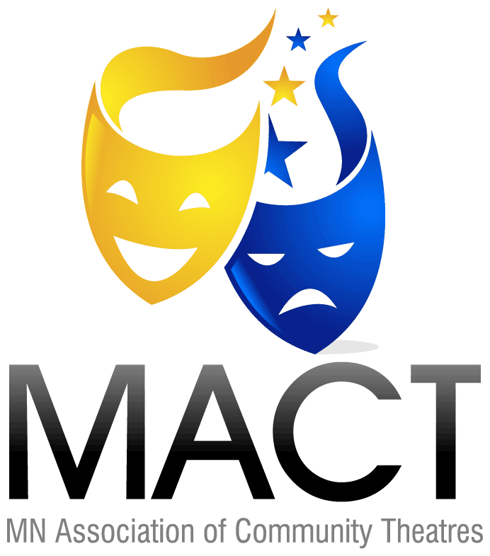 MACT Logo. Upper portion is comedy/drama masks with comedy mask in yellow and drama mask in blue. Lower portion has the acronym "MACT" and below it the description MN Association of Community Theatres.
