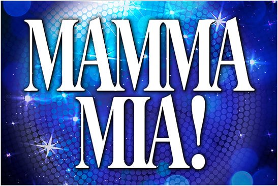 "Mamma Mia!" in white letters on a background of a disco ball.