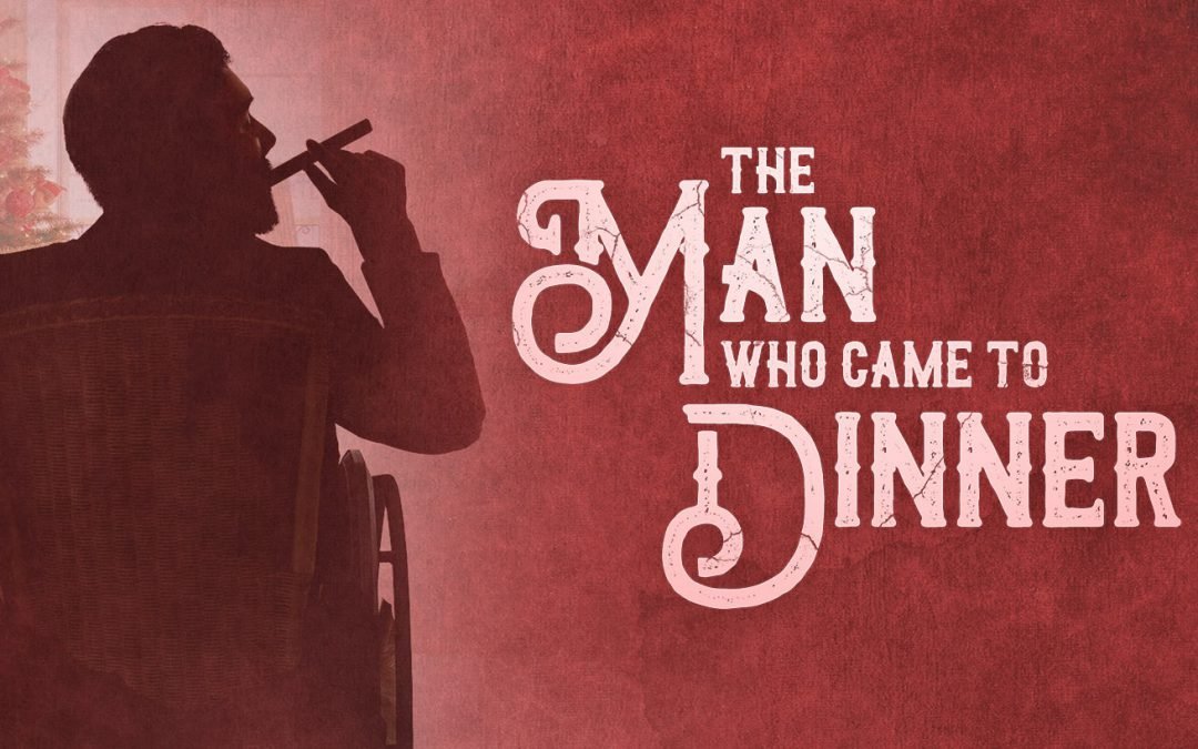 Silhouette of a man in a wheelchair smoking a cigar on a dark red background and the show title in pinkish letters