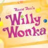 Willy Wonka in purple letters on a golden ticket background