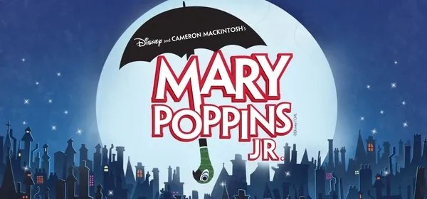 A black umbrella, "Mary Poppins Jr" in white letters with red borders, light blue background with a city skyline in black below