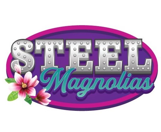 "Steel" in metal plate letters, "Magnolias" in script all in a purple oval and with a magnolia flower