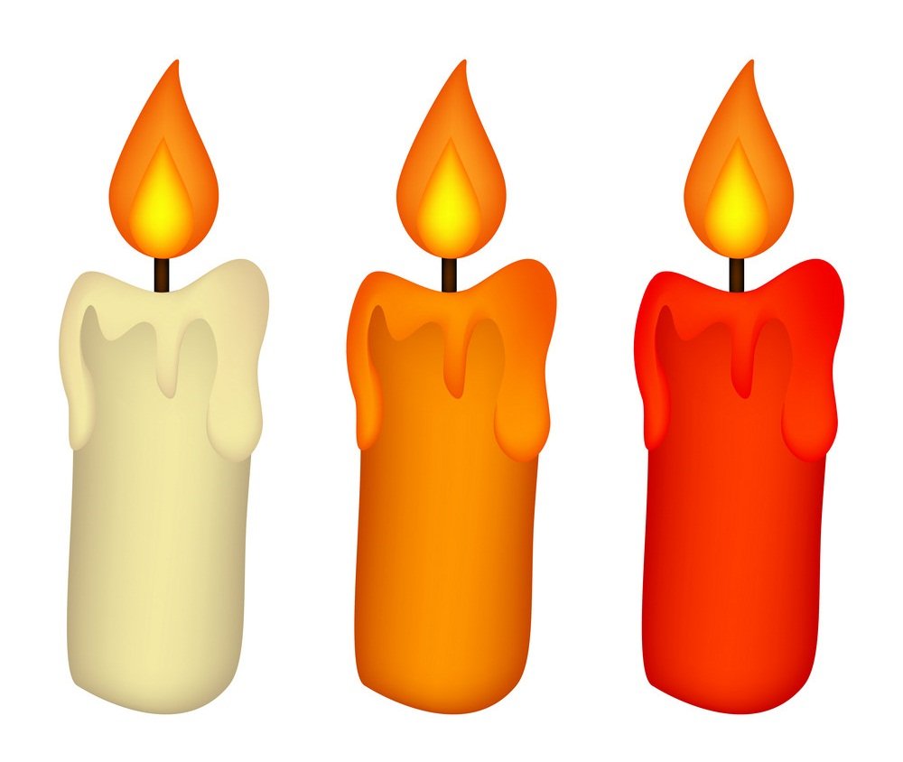 Clipart of three lit candles, one white, one orange and one red