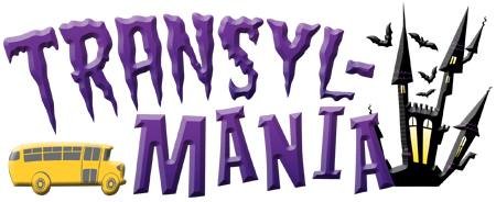 "Transyl-Mania" in spooky purple letters on a white background and a black cartoonish castle with bats flying around it on the right and a yellow school bus on the lower left